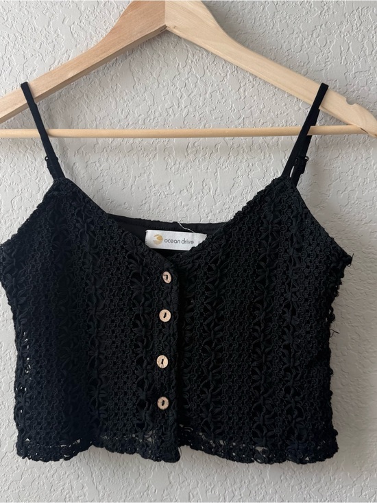 Ocean Drive Tops - Ocean Drive Black Crochet Button-Front Camisole